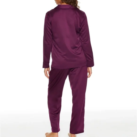 Lauren Ralph Lauren Satin Pajama Set Notch Collar Shirt & Wide Leg Pant Wine S - Picture 4 of 7
